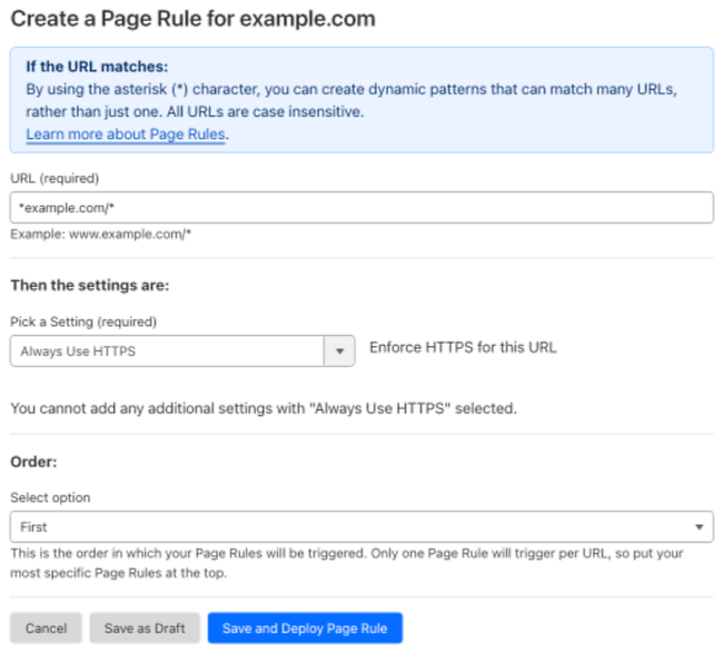 Example Page Rule with ‘Always Use HTTPS’ setting
