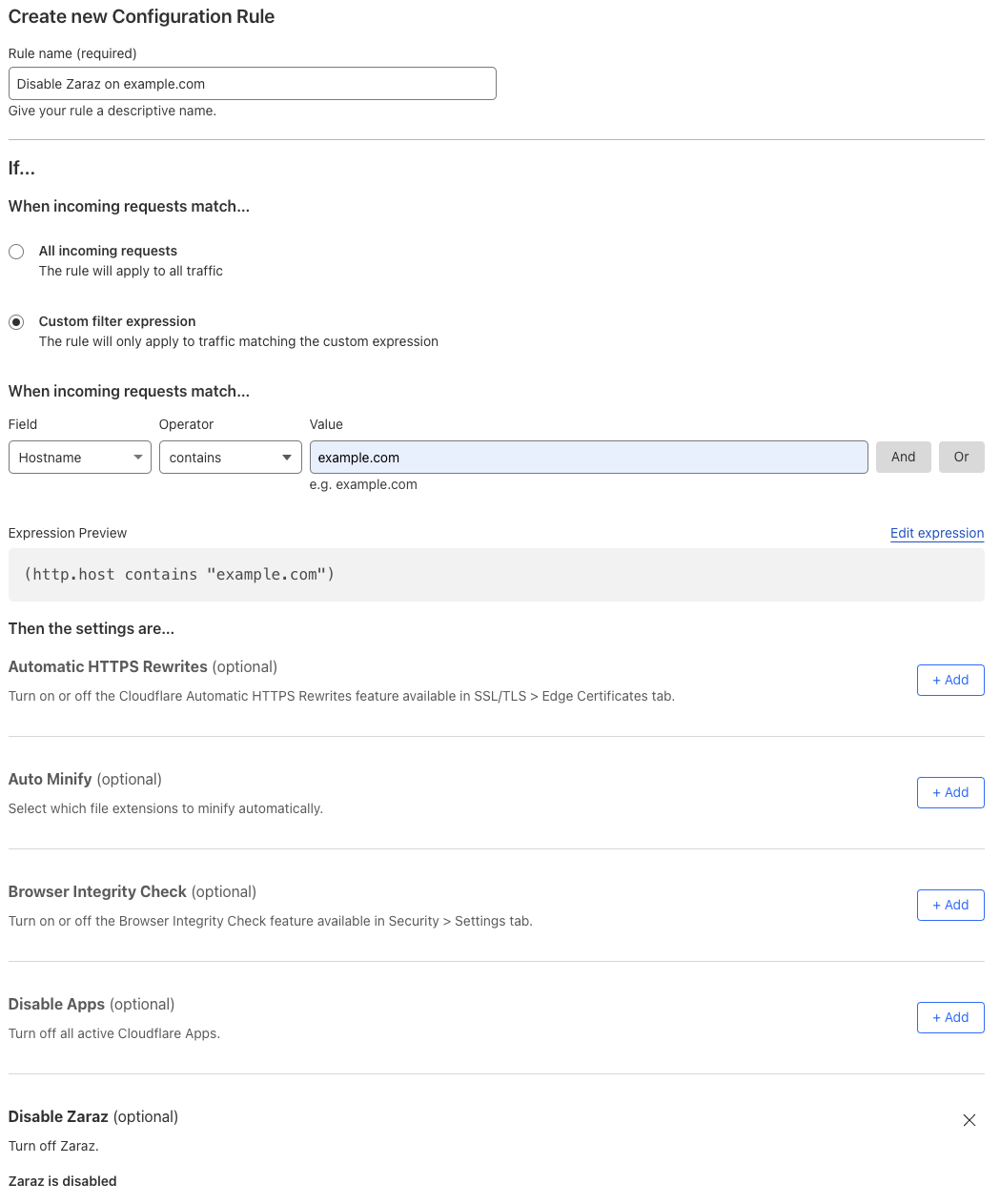 Configuration rule matching the ‘Disable Zaraz’ setting of the example Page Rule