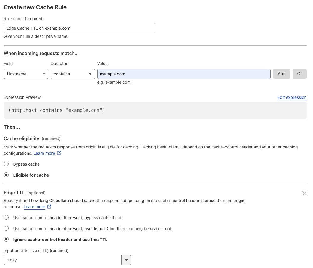 Cache rule matching the ‘Edge Cache TTL’ setting of the example Page Rule